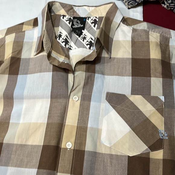 Gotcha PLAID Shirt TAN BLUE BEIGE Button up Short Sleeve Casual Y2K 90s mens XL - Picture 2 of 10
